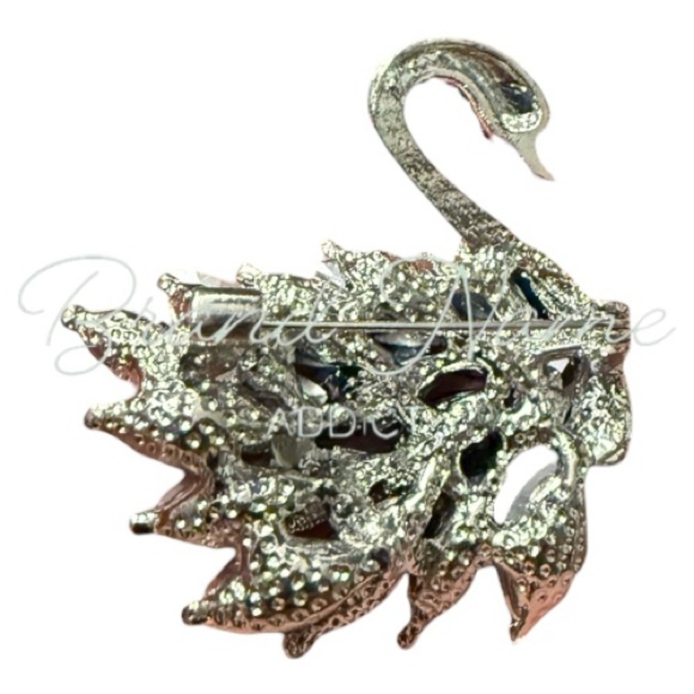 Swan Silver Tone Iridescent Blue Two Tone Rhinestone Brooch - Picture 3 of 3